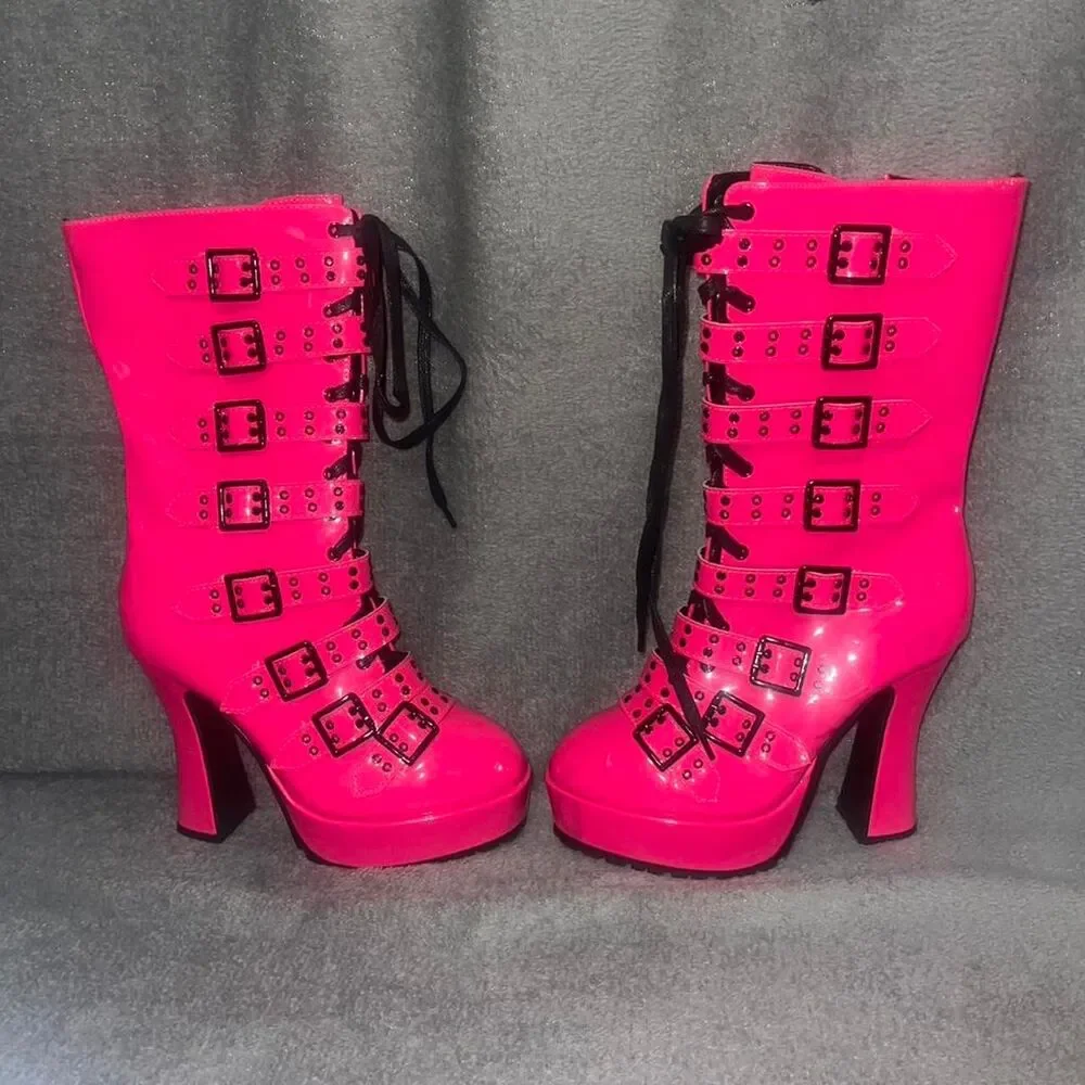 Ellie Women's Hot Pink PVC Boots Buckles Platform Size 8
